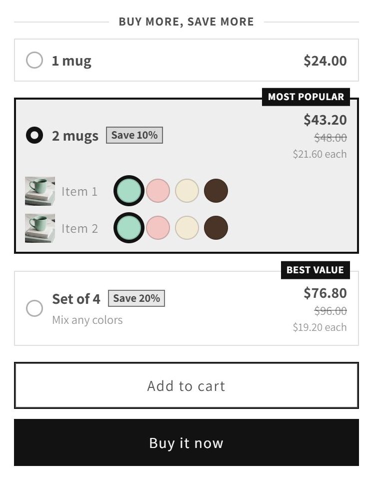 Breakly quantity breaks on a product page in the Dawn theme
