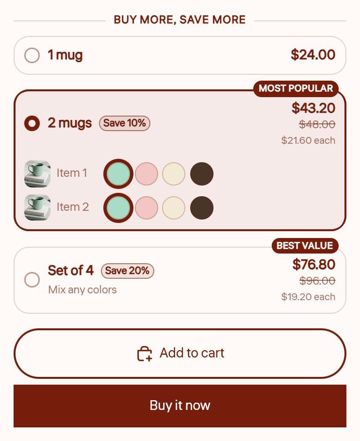 Breakly quantity breaks on a product page in the Pitch theme