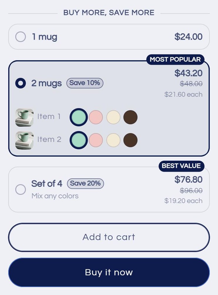 Breakly quantity breaks on a product page in the Refresh theme