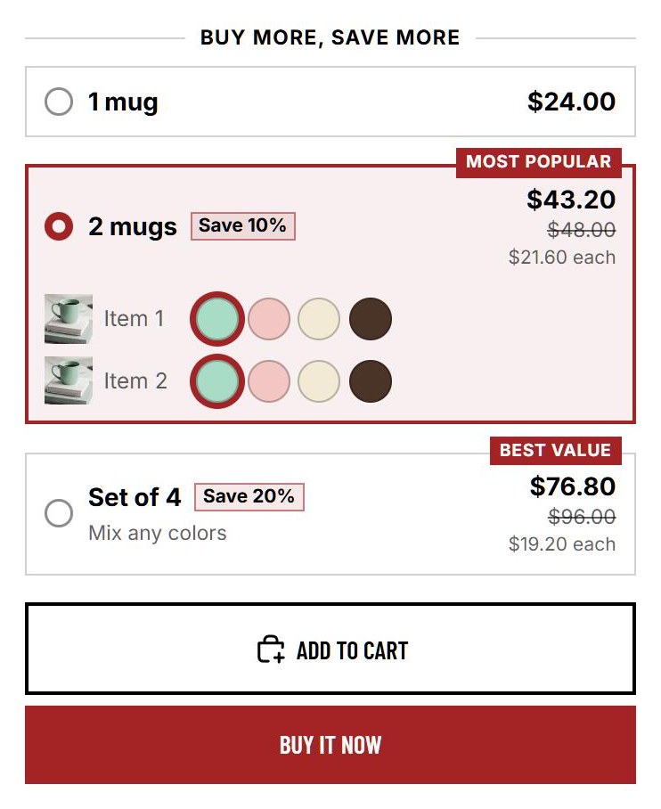 Breakly quantity breaks on a product page in the Savor theme