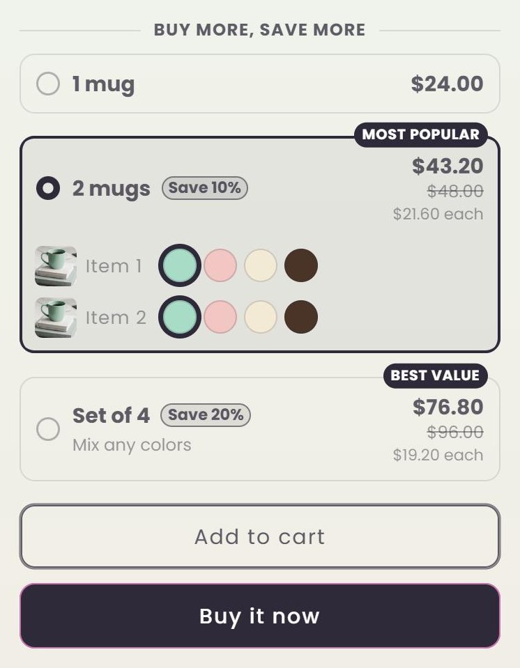 Breakly quantity breaks on a product page in the Sense theme