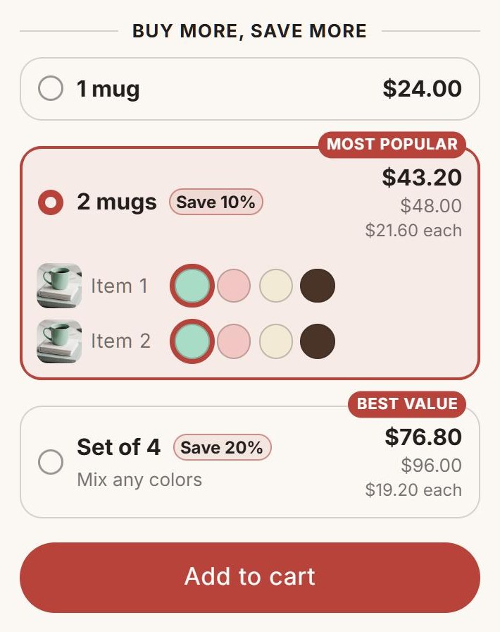 Breakly quantity breaks on a product page in the Taiga theme